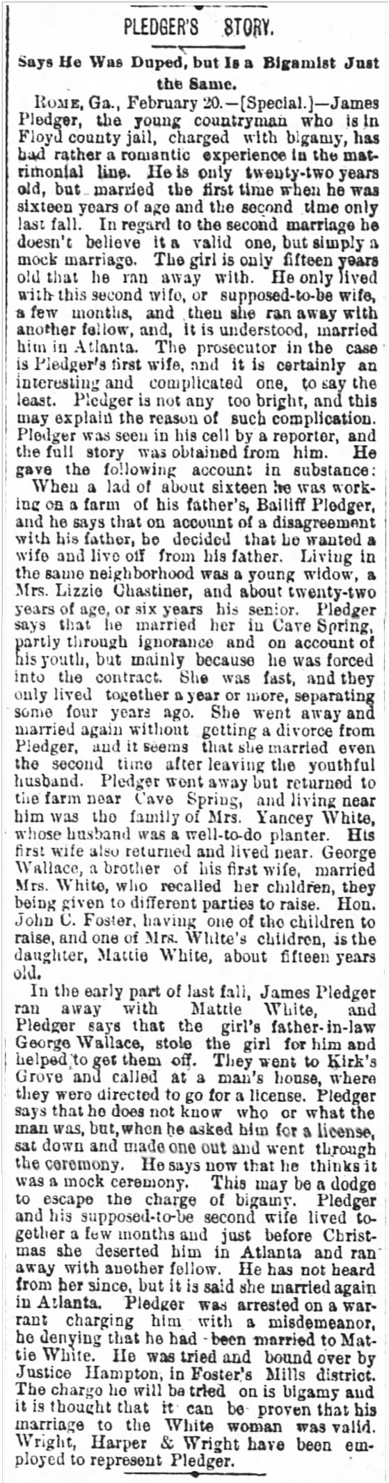 Pledger's story - Mrs. Yancey White and Mattie White